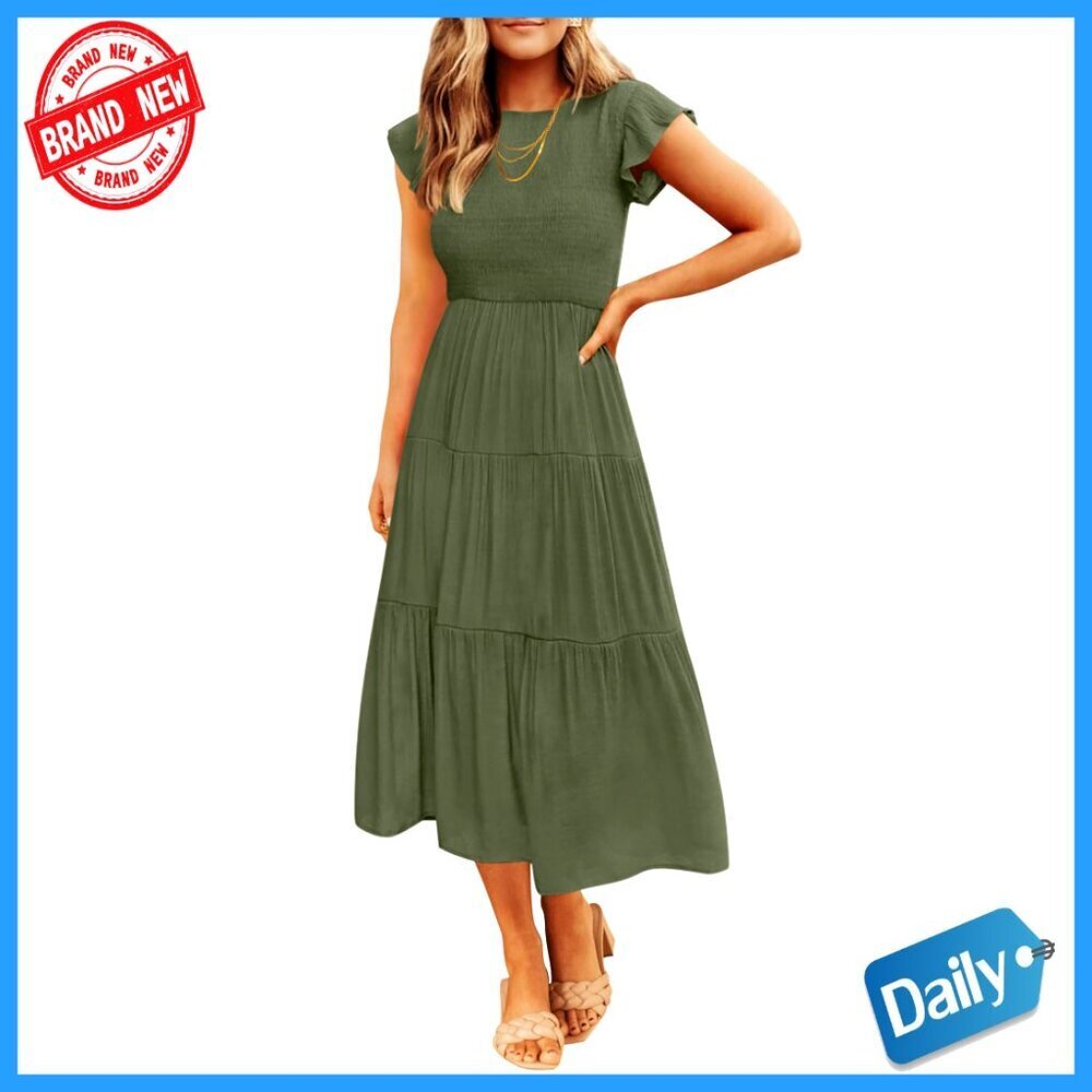 Summer Casual Flutter Sleeve Smocked Midi Dress Rayon Elastic Waist Tiered